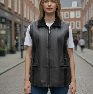 Vintage 90s Black Genuine Leather Long Vest Zip Front Minimalist Y2K